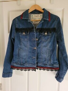 FRAYED EDGES Women's Blue Denim Jacket with Decorative Trim/Embelishment